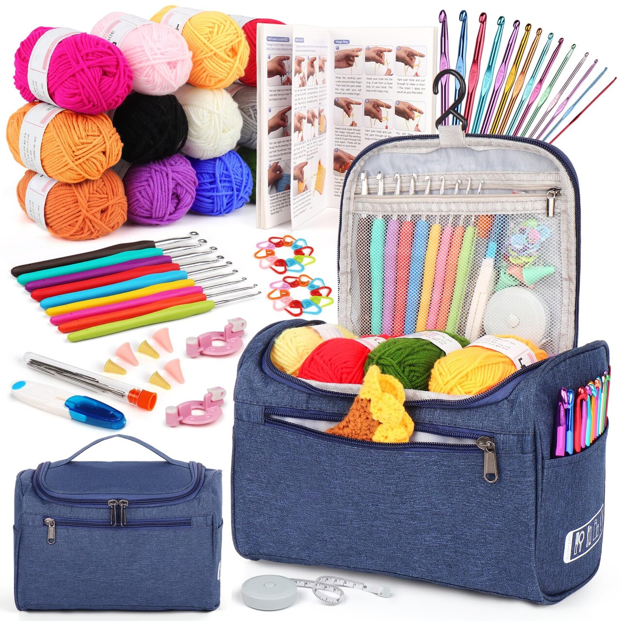 Crochet Kit for Beginners Young and Old, First Crochet Kit for Adults Include 23pcs Crochet Hooks, 655 Yards Yarn Set for Crocheting, Instruction, Bag, Crochet Accessories and Supplies, Navy